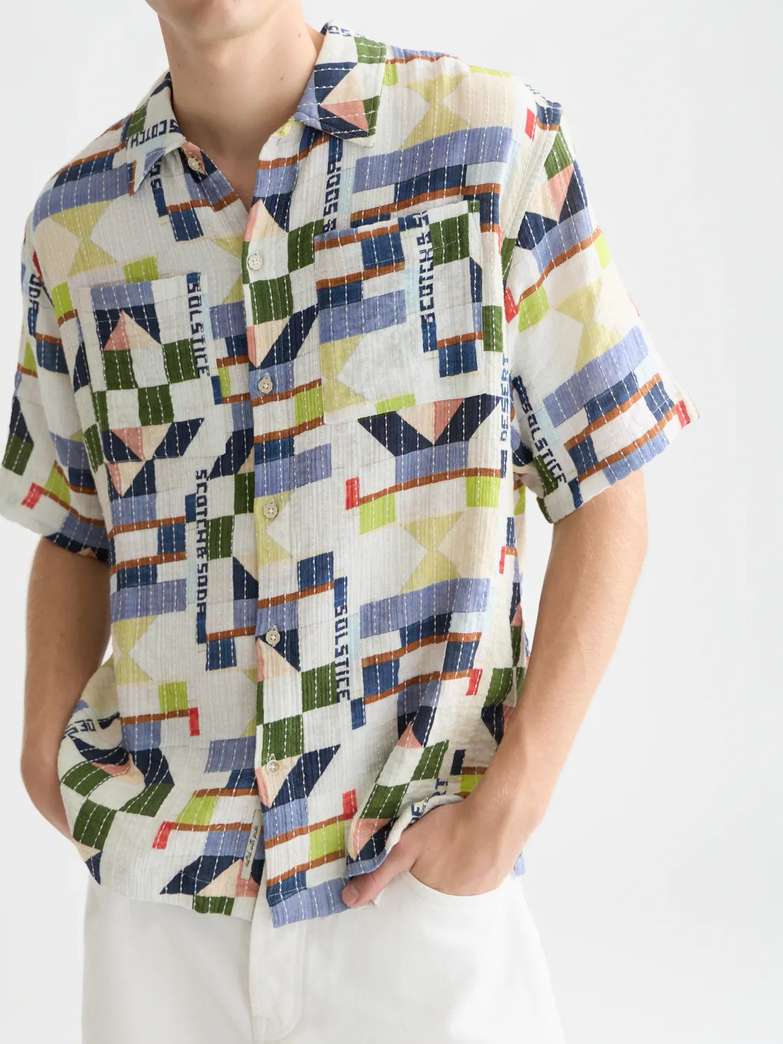Printed Stitched Relaxed-Fit Short-Sleeve Shirt