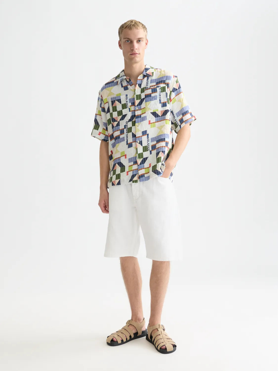 Printed Stitched Relaxed-Fit Short-Sleeve Shirt