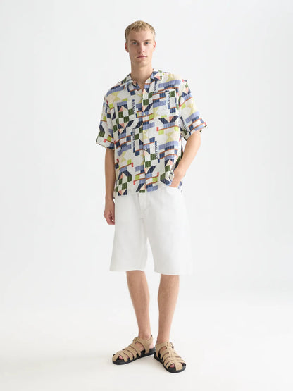 Printed Stitched Relaxed-Fit Short-Sleeve Shirt