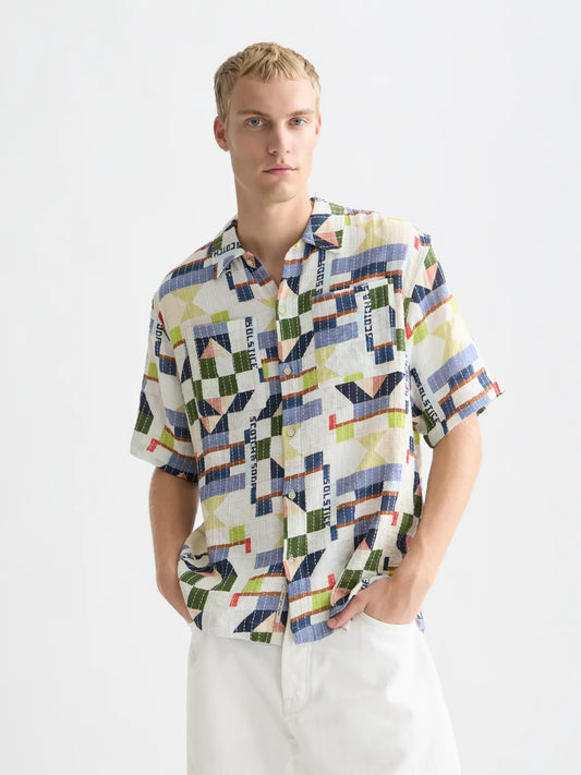 Printed Stitched Relaxed-Fit Short-Sleeve Shirt