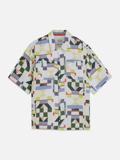 Printed Stitched Relaxed-Fit Short-Sleeve Shirt