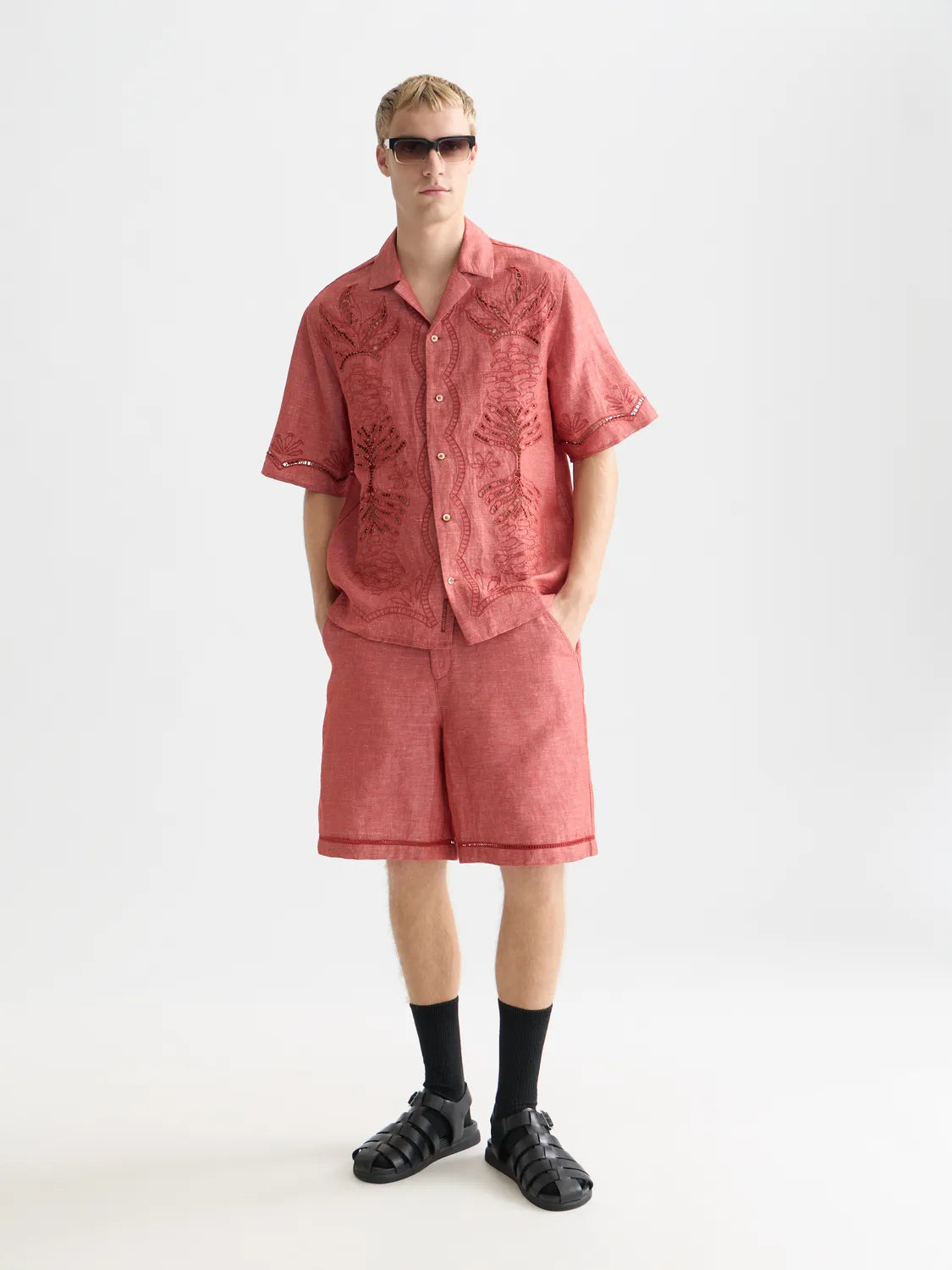 Embroidered Cut Open Detail Short-Sleeve Shirt