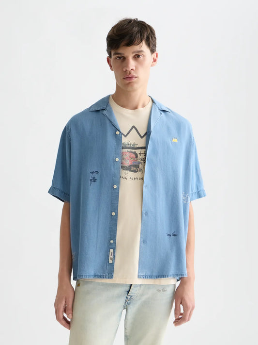 Scotch & Soda x Basquiat Indigo Tencel Relaxed-Fit Short-Sleeved Shirt