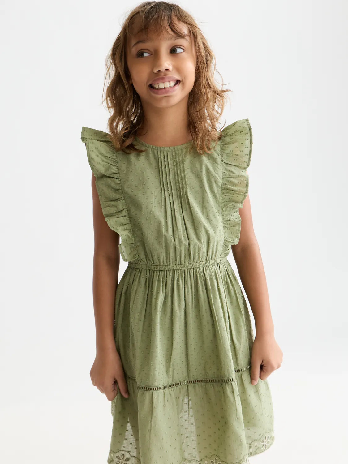 Girls' Embroidered Hem Clip Jacquard Cotton Dress