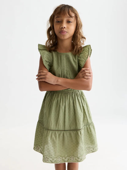 Girls' Embroidered Hem Clip Jacquard Cotton Dress