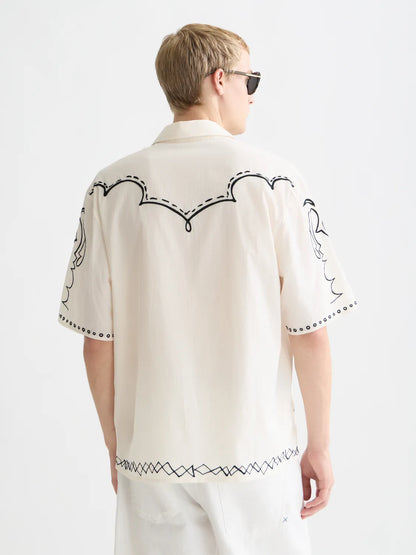 Embroidered Seersucker Relaxed-Fit Short-Sleeved Shirt