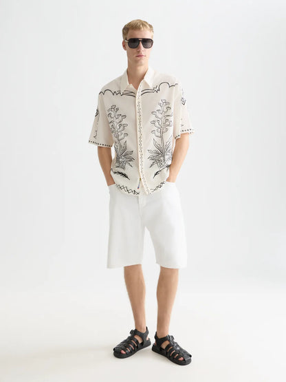 Embroidered Seersucker Relaxed-Fit Short-Sleeved Shirt