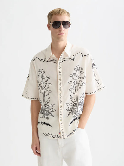 Embroidered Seersucker Relaxed-Fit Short-Sleeved Shirt