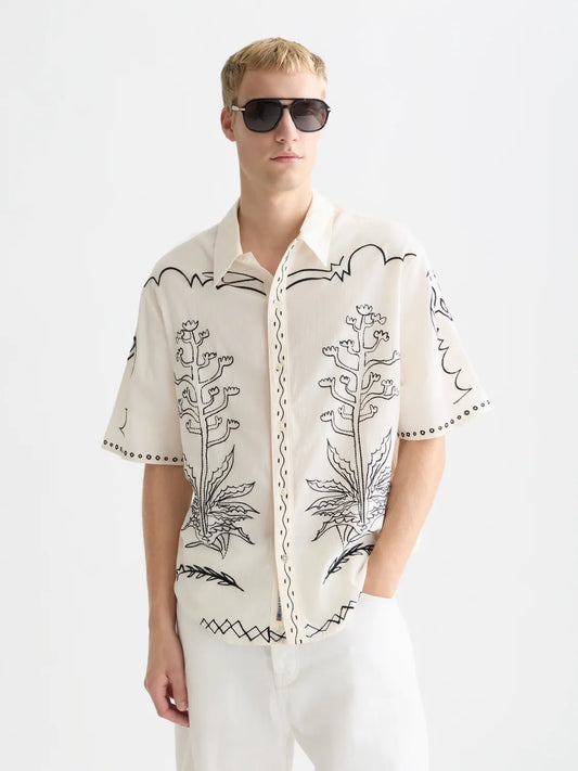 Embroidered Seersucker Relaxed-Fit Short-Sleeved Shirt
