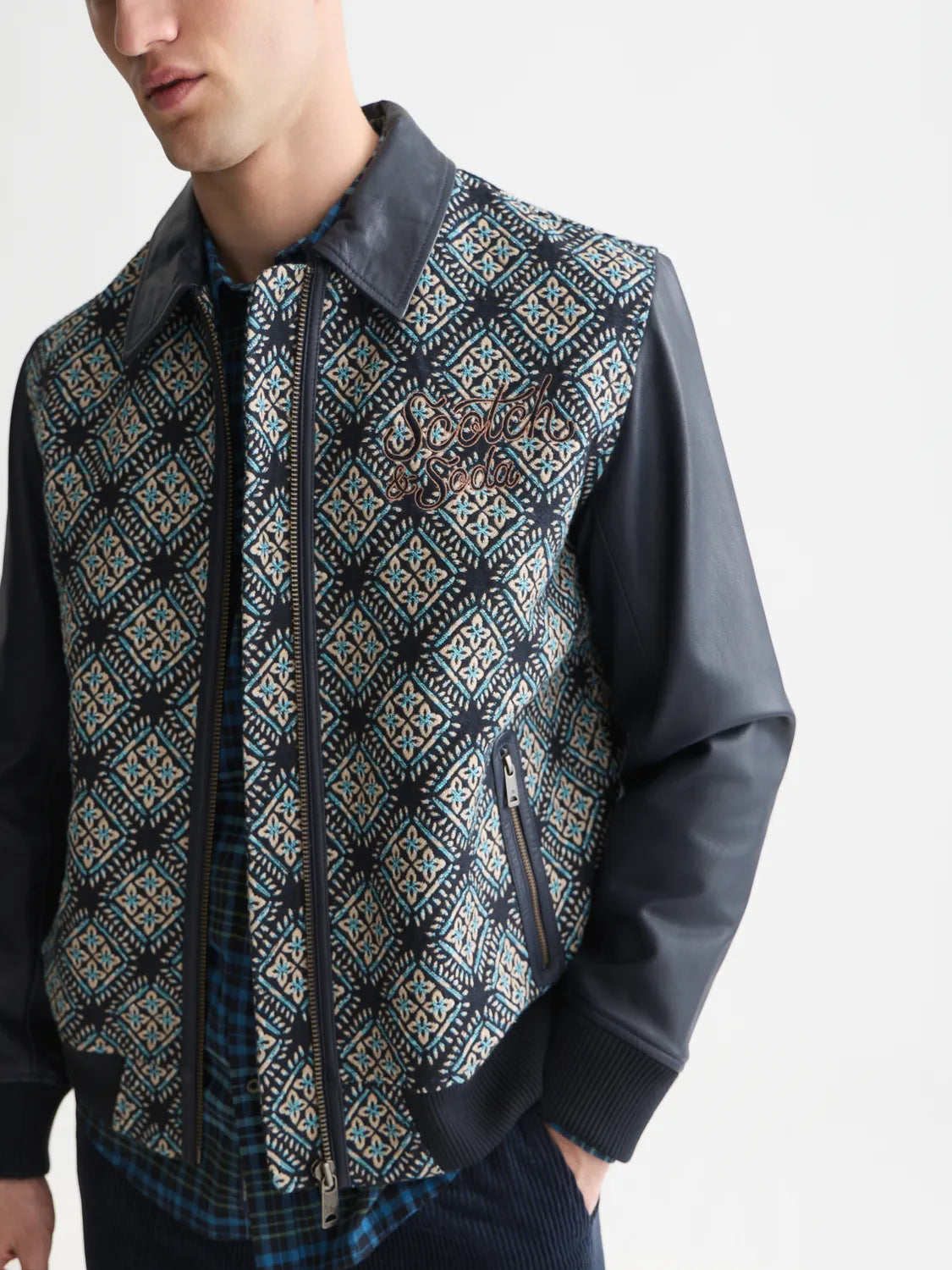 Jacquard Leather Varsity Jacket