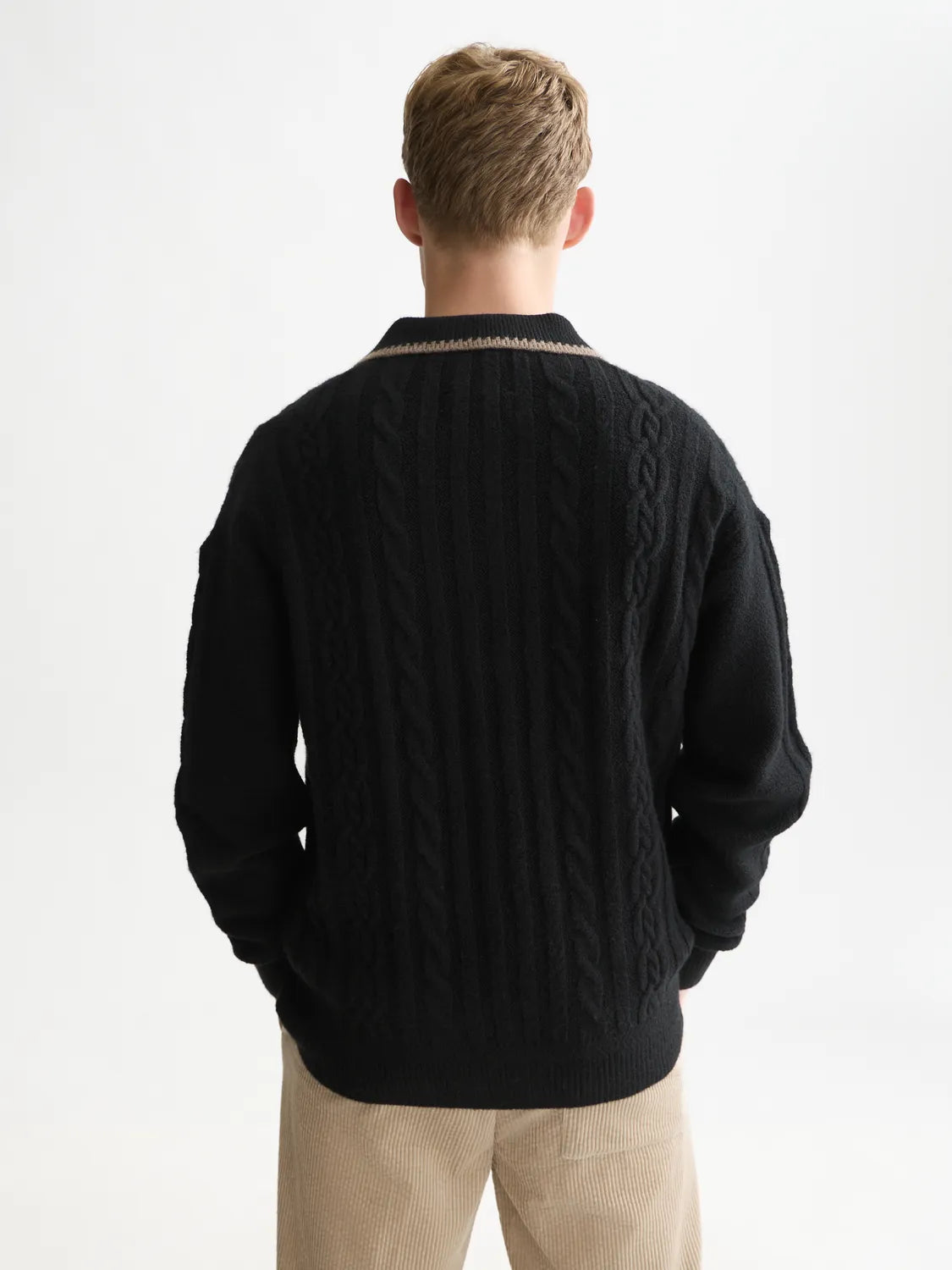 Soft Knit Polo Cable Dropped Shoulder Pullover