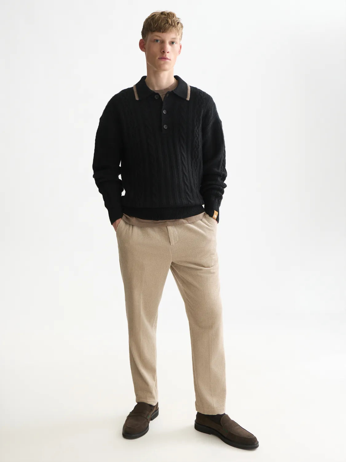 Soft Knit Polo Cable Dropped Shoulder Pullover