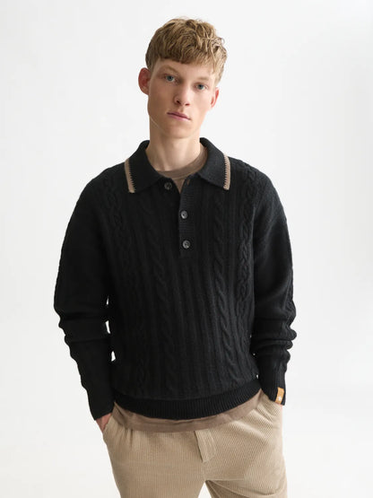 Soft Knit Polo Cable Dropped Shoulder Pullover