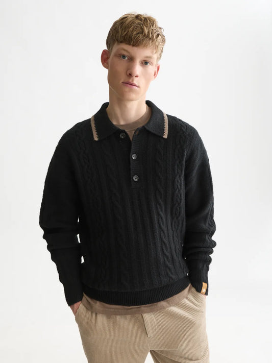 Soft Knit Polo Cable Dropped Shoulder Pullover