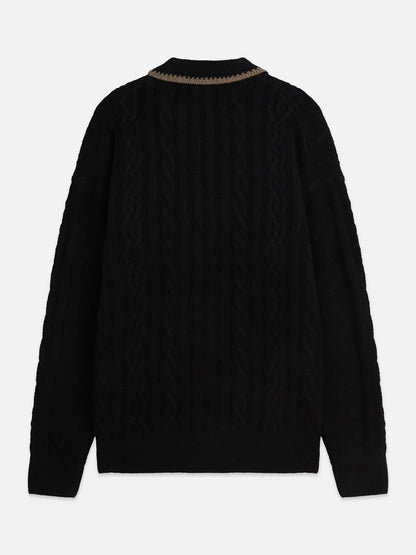 Soft Knit Polo Cable Dropped Shoulder Pullover
