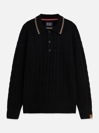 Soft Knit Polo Cable Dropped Shoulder Pullover