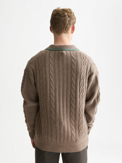 Soft Knit Polo Cable Dropped Shoulder Pullover