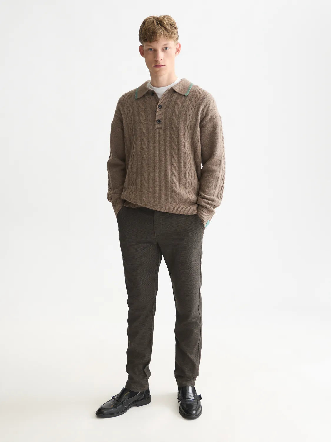 Soft Knit Polo Cable Dropped Shoulder Pullover