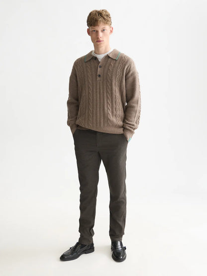 Soft Knit Polo Cable Dropped Shoulder Pullover