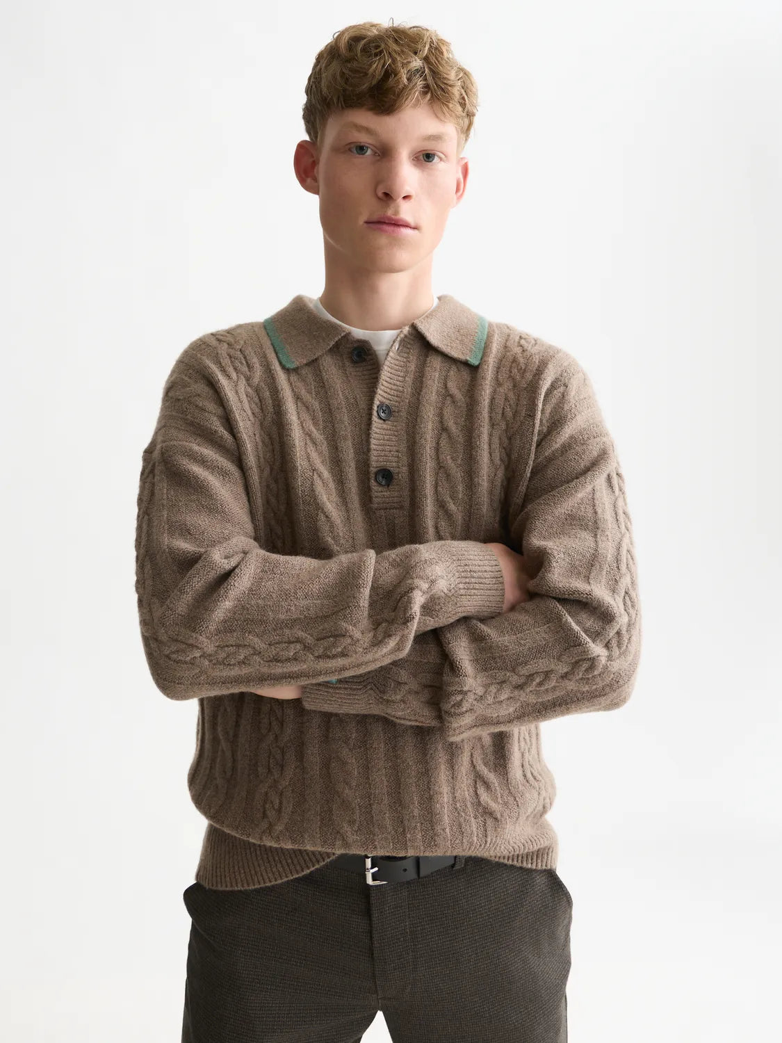Soft Knit Polo Cable Dropped Shoulder Pullover