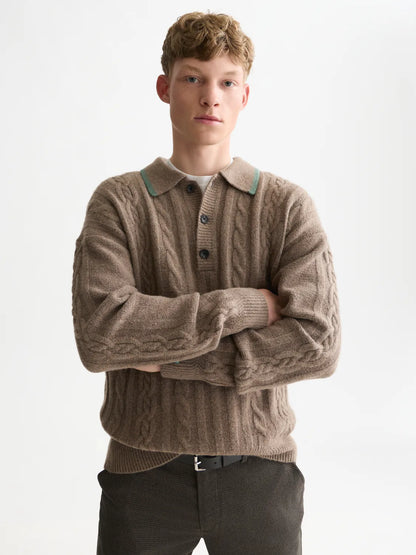 Soft Knit Polo Cable Dropped Shoulder Pullover
