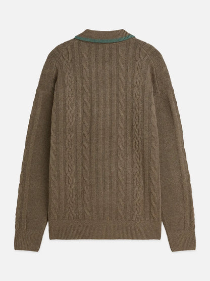 Soft Knit Polo Cable Dropped Shoulder Pullover