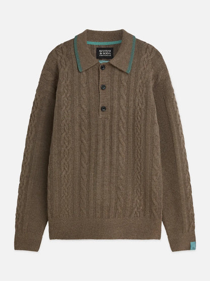 Soft Knit Polo Cable Dropped Shoulder Pullover