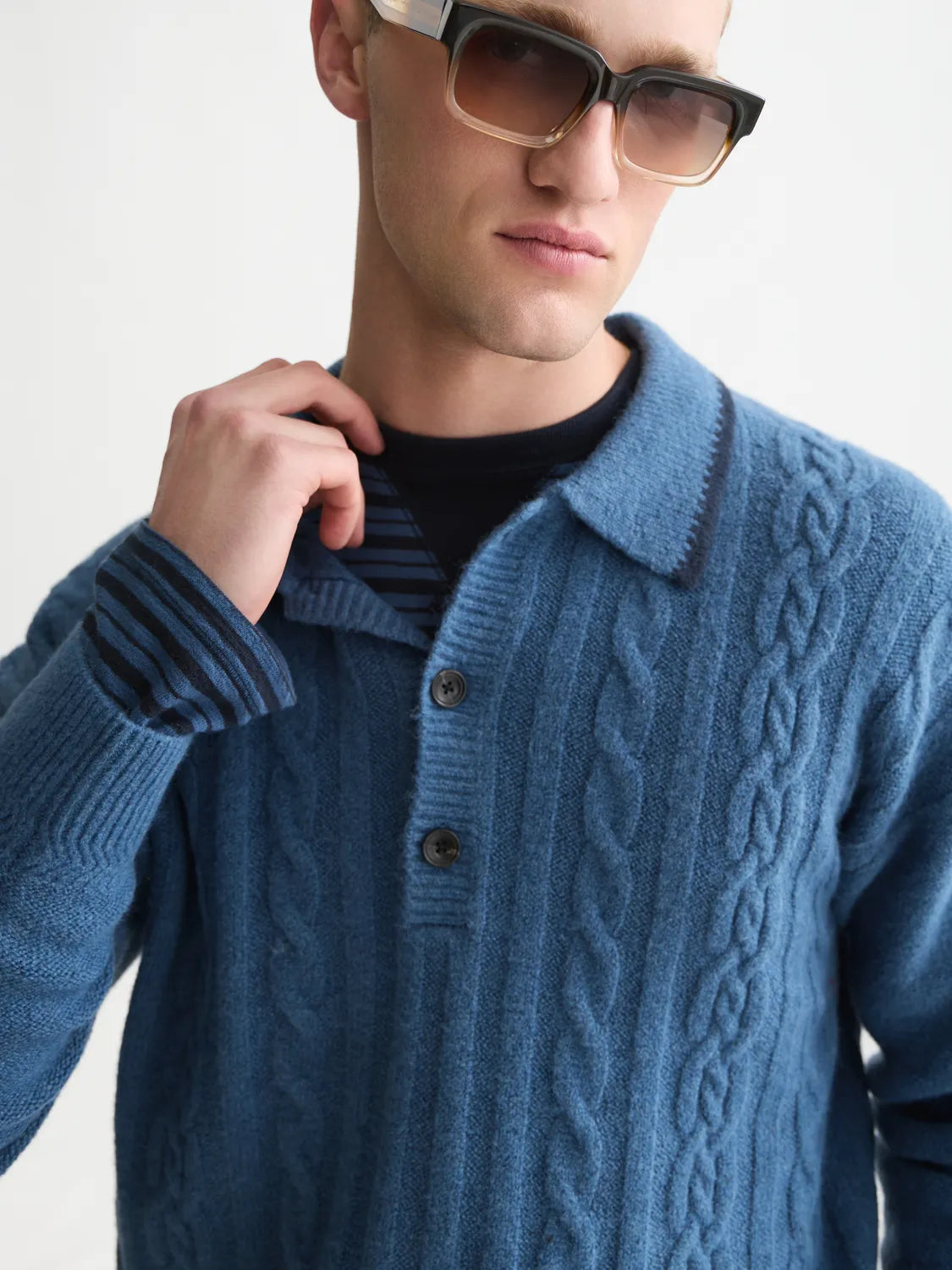 Soft Knit Polo Cable Dropped Shoulder Pullover