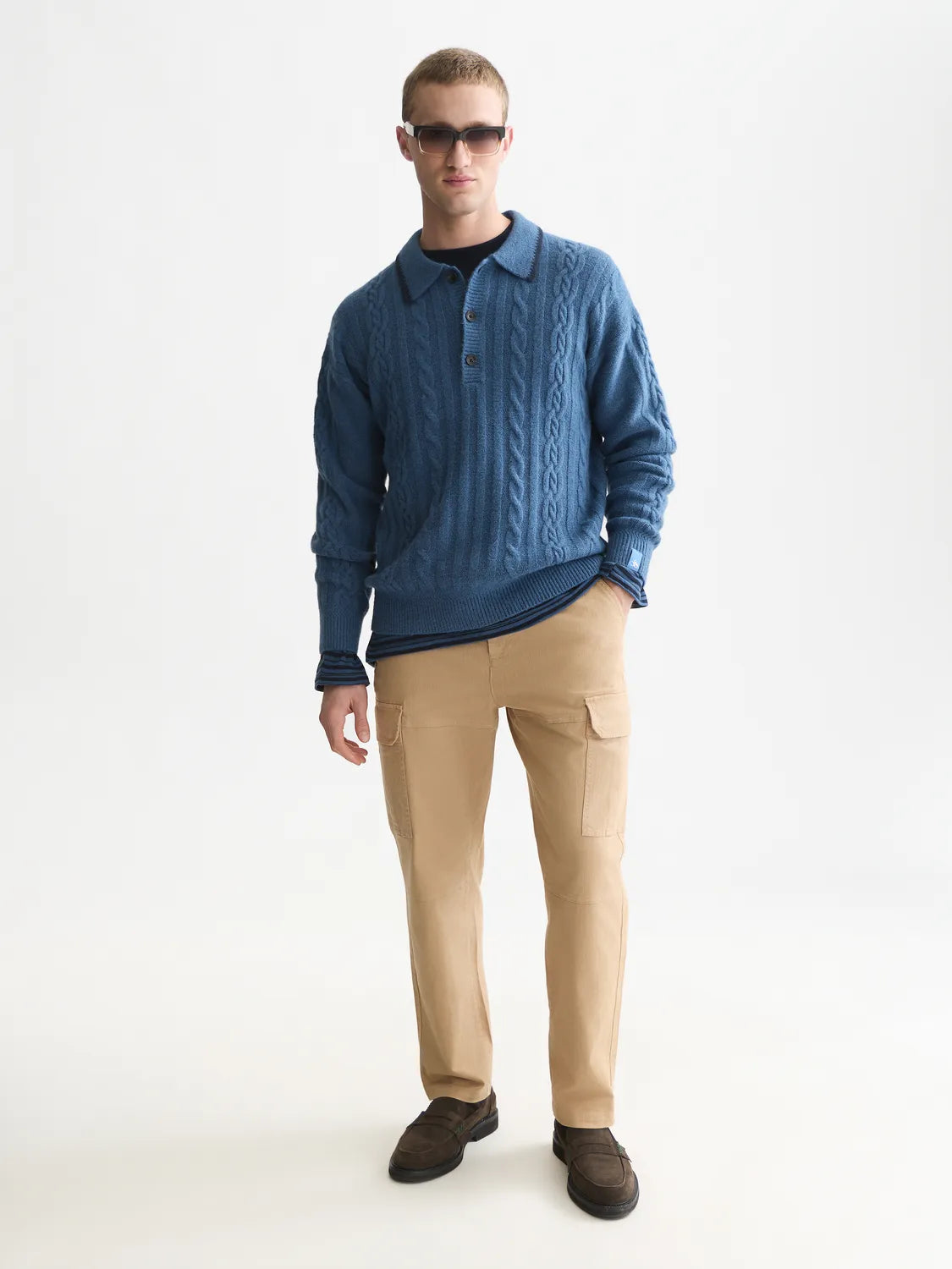 Soft Knit Polo Cable Dropped Shoulder Pullover
