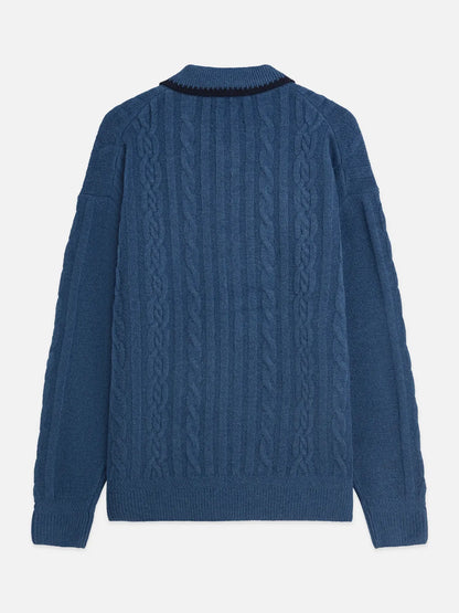 Soft Knit Polo Cable Dropped Shoulder Pullover