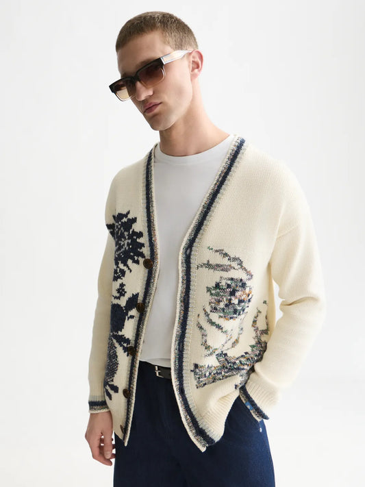 Intarsia Cotton-Blend Dropped Shoulder Cardigan