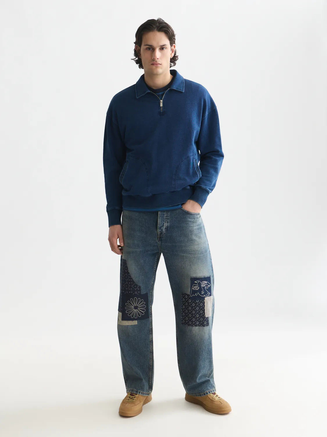 Washed Indigo Half Zip Relaxed-Fit Sweatshirt