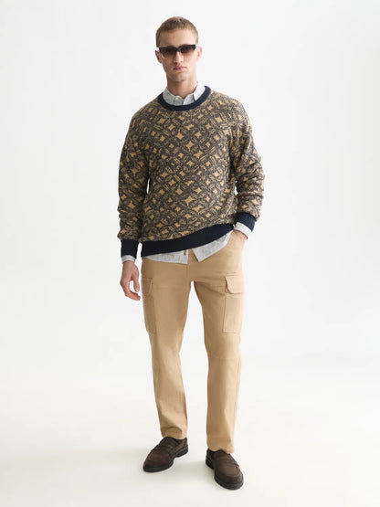 Jacquard Wool-Blend Extra Dropped Shoulder Pullover