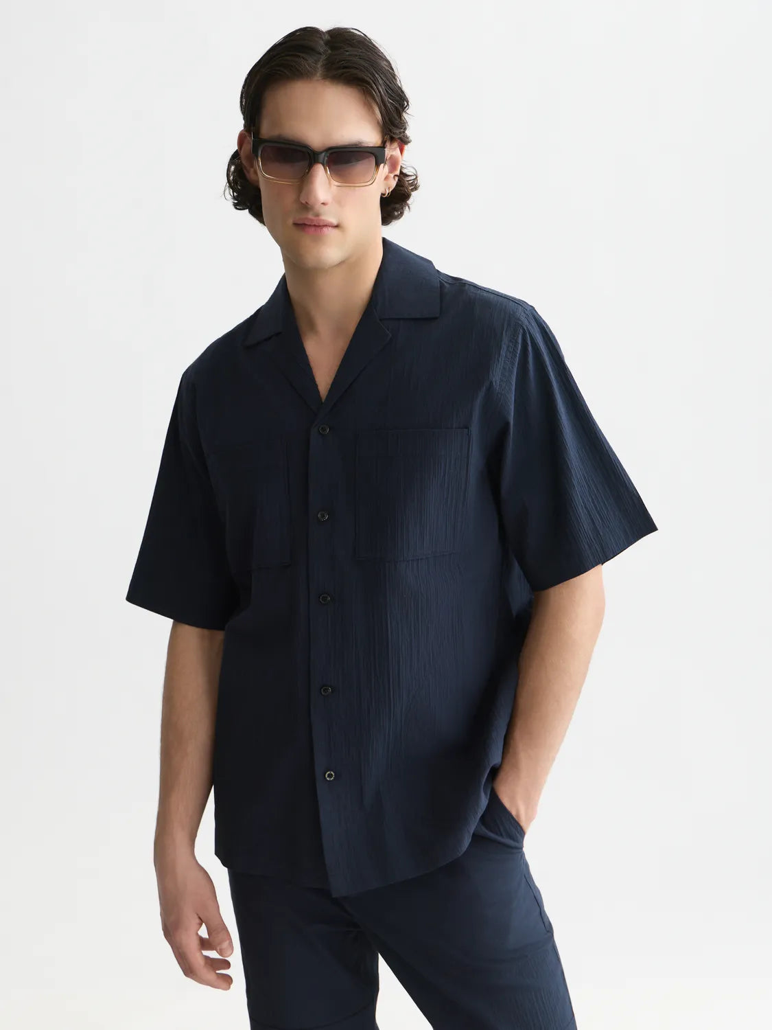 Crinkled Cotton-Blend Relaxed-Fit Short-Sleeved Shirt