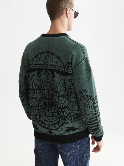 Chenille Jacquard Wool-Blend Dropped Shoulder Pullover