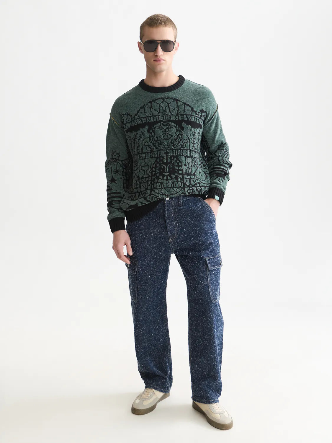 Chenille Jacquard Wool-Blend Dropped Shoulder Pullover