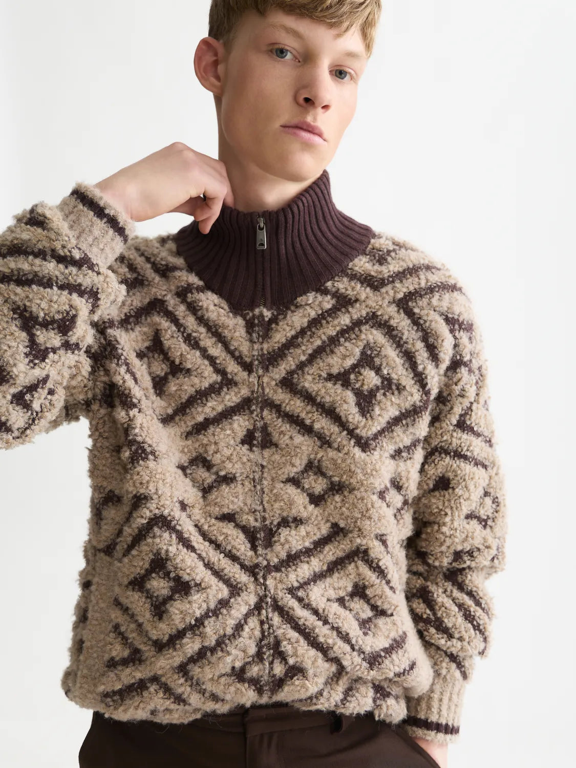Jacquard Wool-Blend Relaxed-Fit Zip-Through Pullover