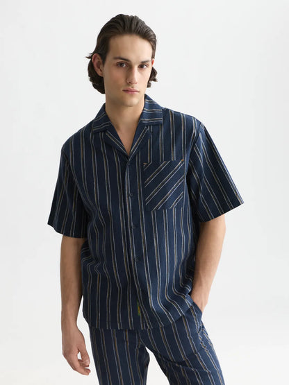 Striped Linen Relaxed-Fit Short-Sleeved Shirt