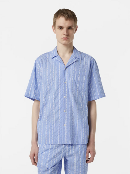 Embroidered-Stripe Relaxed-Fit Short Sleeve Shirt