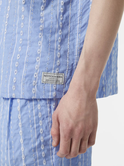 Embroidered-Stripe Relaxed-Fit Short Sleeve Shirt