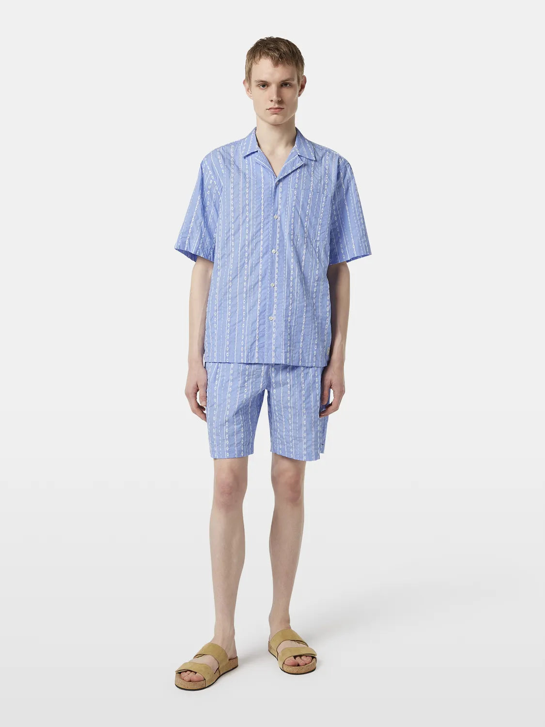 Embroidered-Stripe Relaxed-Fit Short Sleeve Shirt