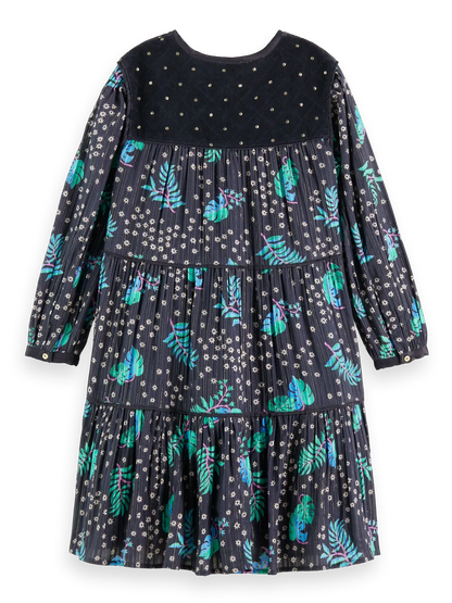 Girls' All-Over Printed Velvet Detail Dress