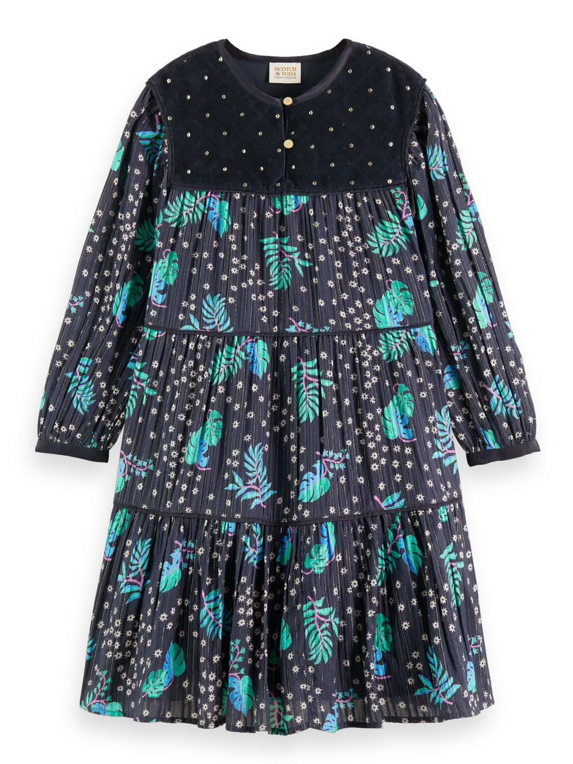 Girls' All-Over Printed Velvet Detail Dress