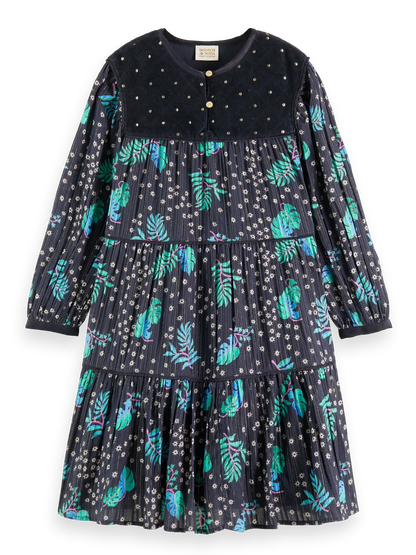 Girls' All-Over Printed Velvet Detail Dress