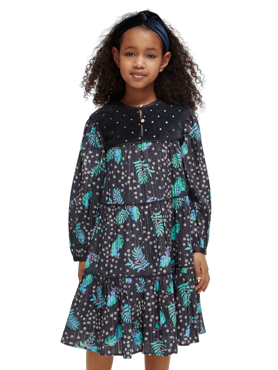 Girls' All-Over Printed Velvet Detail Dress