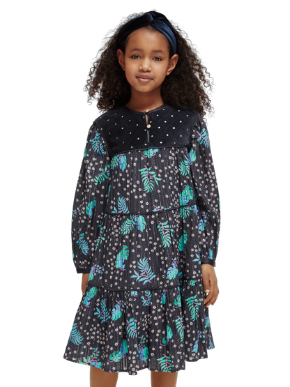 Girls' All-Over Printed Velvet Detail Dress