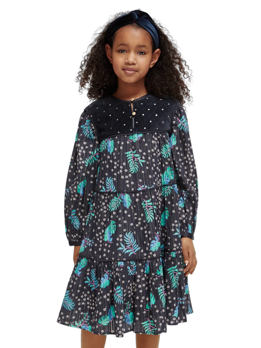 Girls' All-Over Printed Velvet Detail Dress