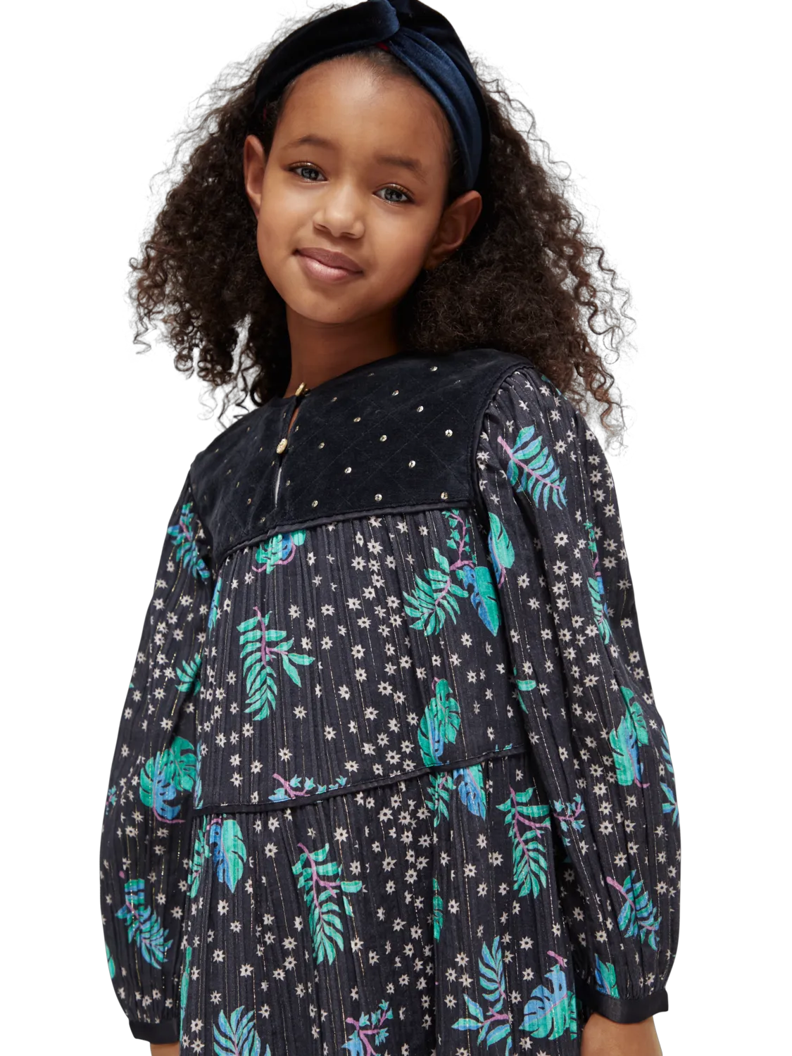 Girls' All-Over Printed Velvet Detail Dress