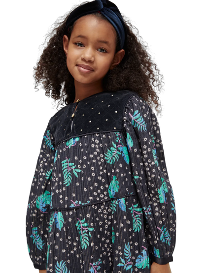 Girls' All-Over Printed Velvet Detail Dress