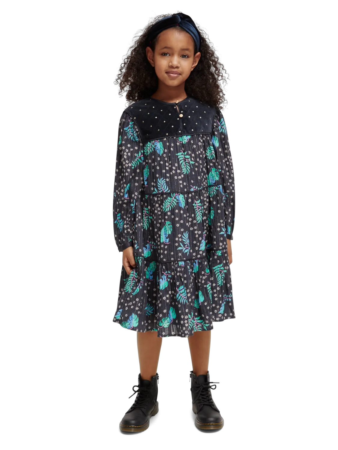 Girls' All-Over Printed Velvet Detail Dress